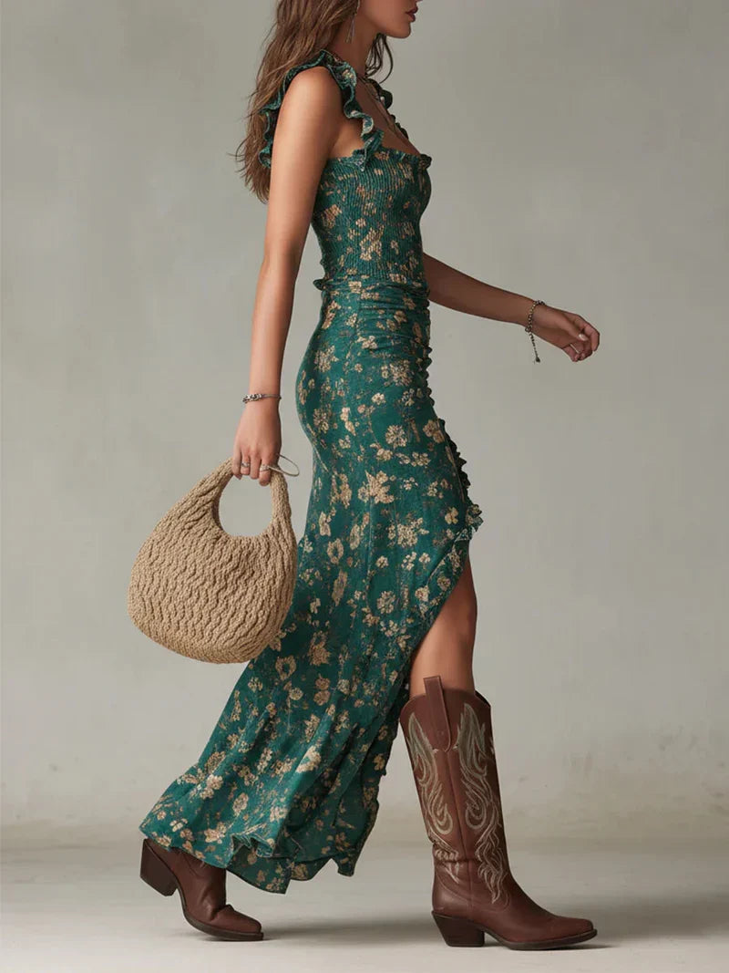 Celeste Vestido Maxi Bohemio Verde Estampado con Mangas de Volantes