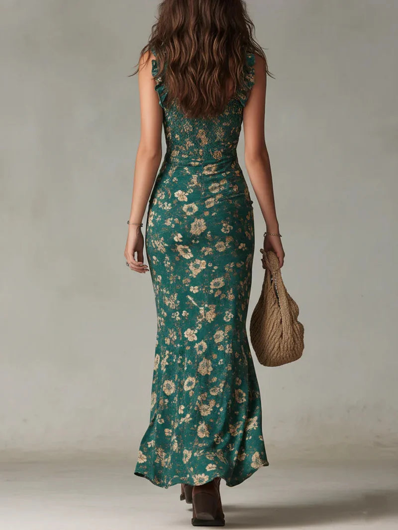 Celeste Vestido Maxi Bohemio Verde Estampado con Mangas de Volantes