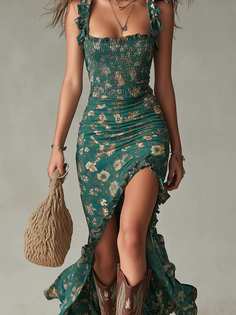Celeste Vestido Maxi Bohemio Verde Estampado con Mangas de Volantes