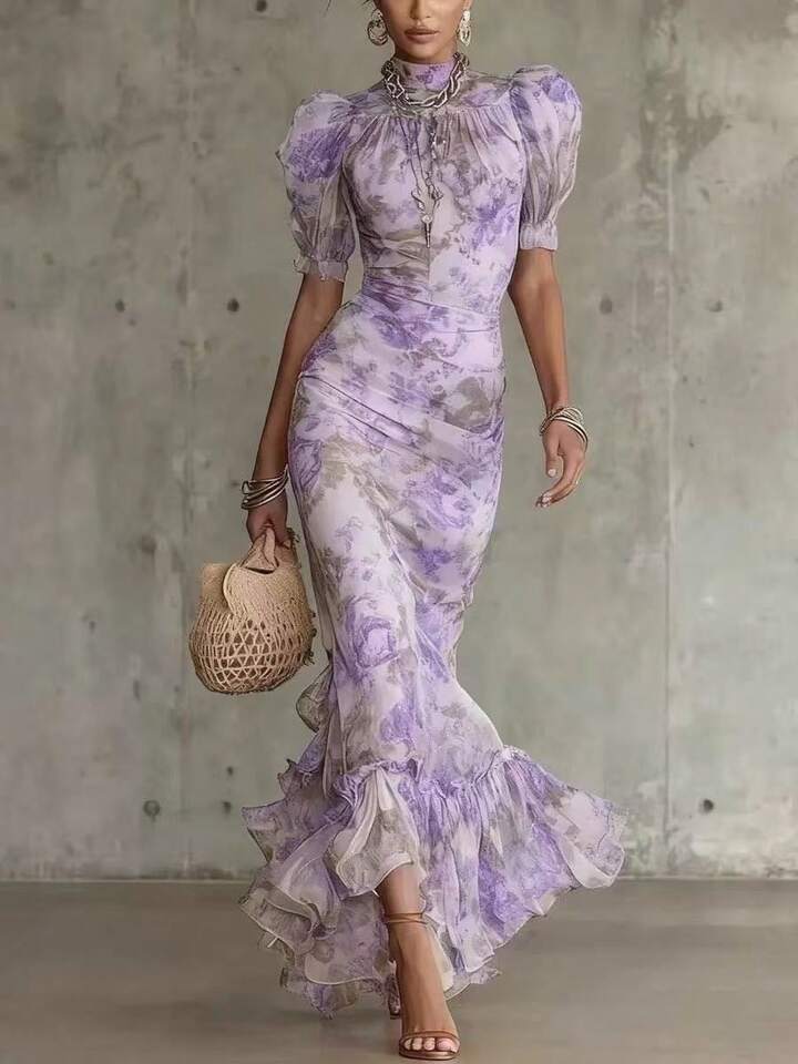 Celeste Vestido Maxi con Estampado Floral Vintage Rosa y Mangas Abullonadas