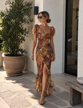 Celeste Vestido Maxi de Chiffon con Estampado Bohemio de Inspiración Óleo en Tonos Naranja