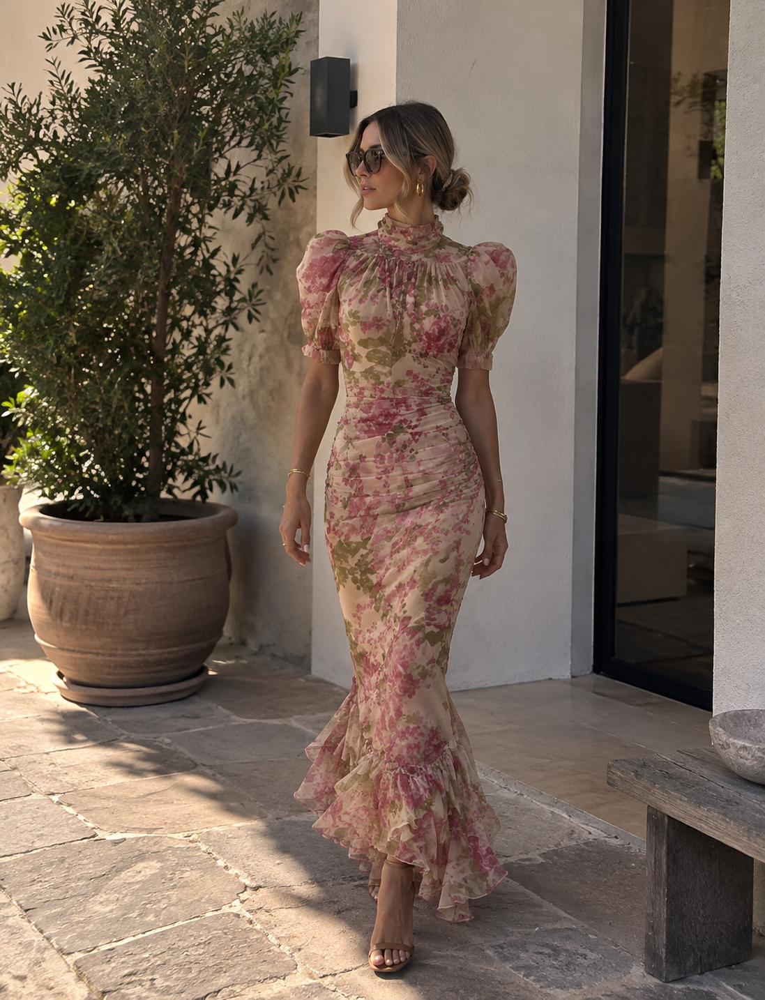 Celeste Vestido Maxi con Estampado Floral Vintage Rosa y Mangas Abullonadas