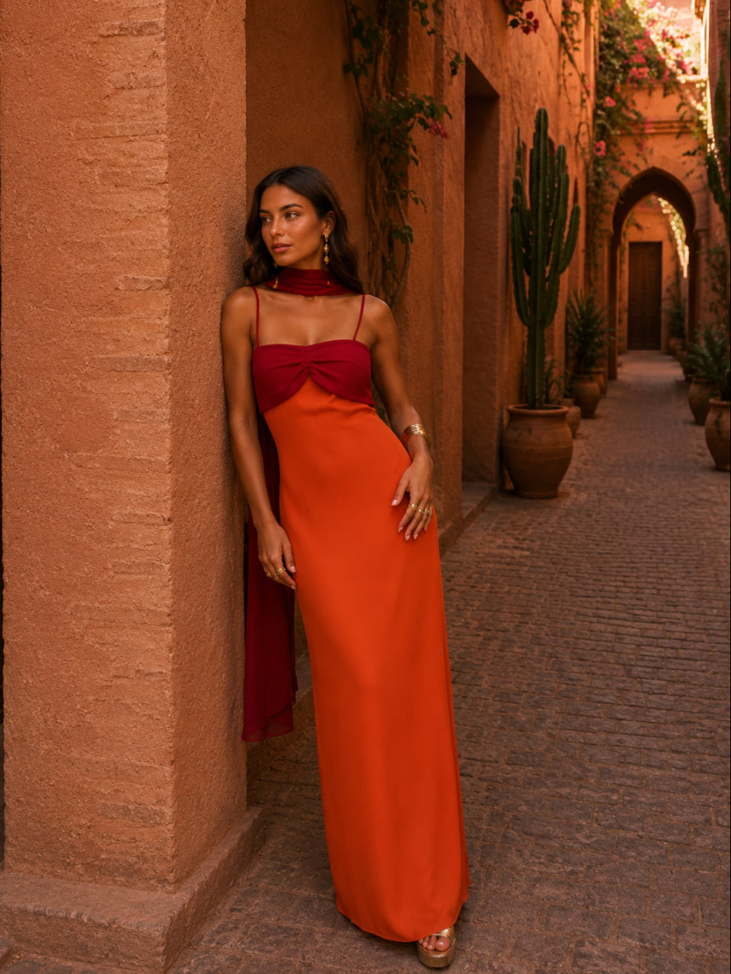 Vestido Largo Drapeado Bicolor