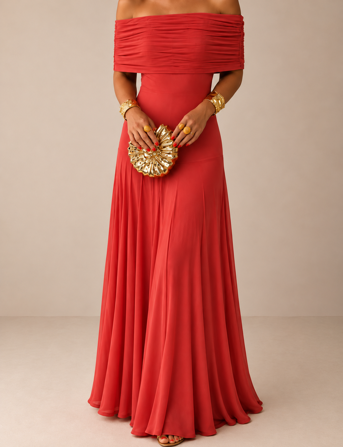 Estefanía Vestido Maxi de Hombros Descubiertos con Aberturas