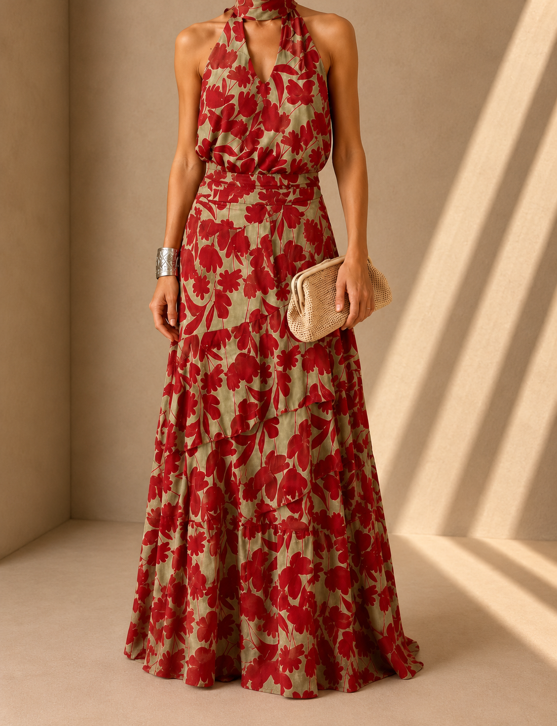 Nerea Conjunto Floral con Top Halter y Falda Maxi