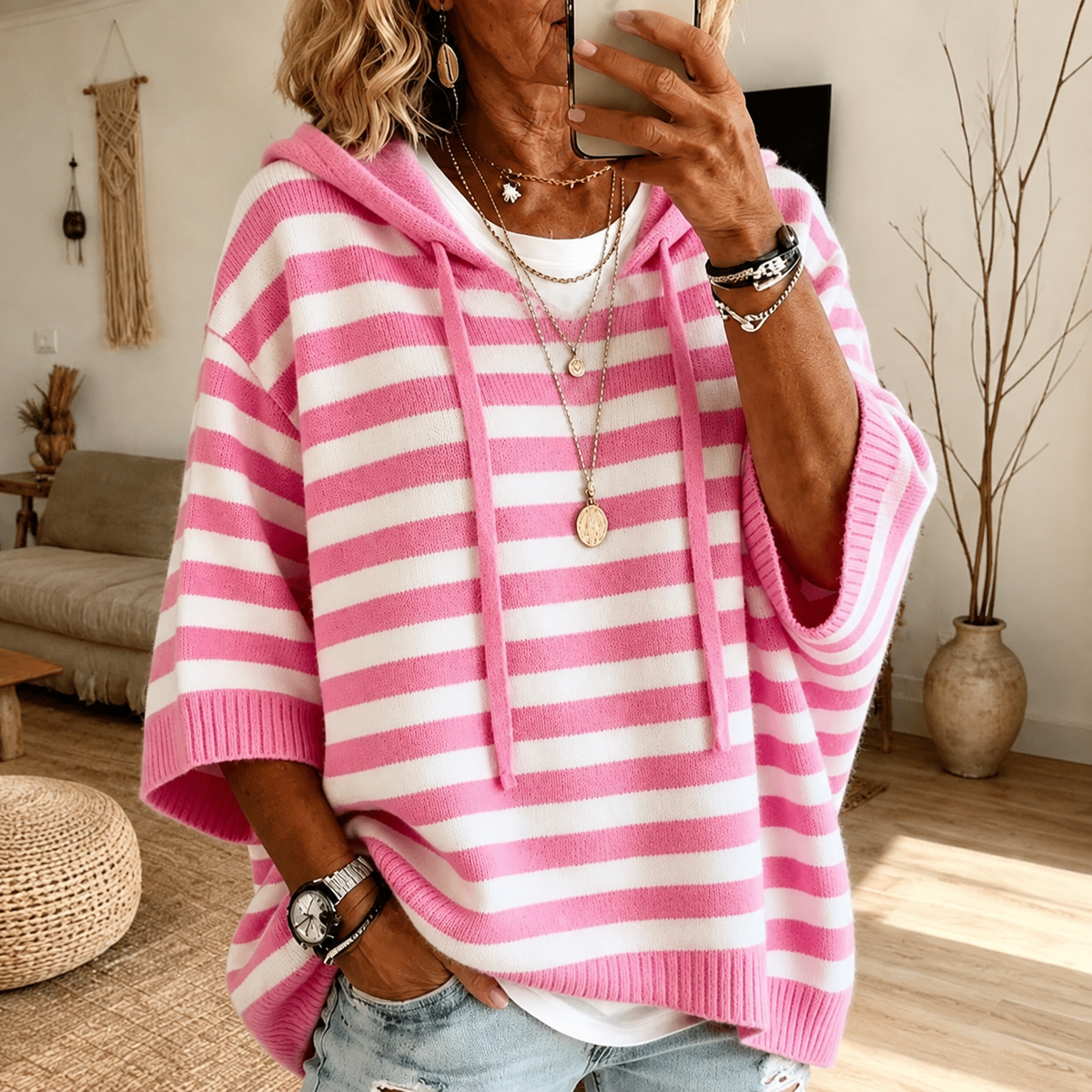 Atenea-Poncho de Rayas Rosa
