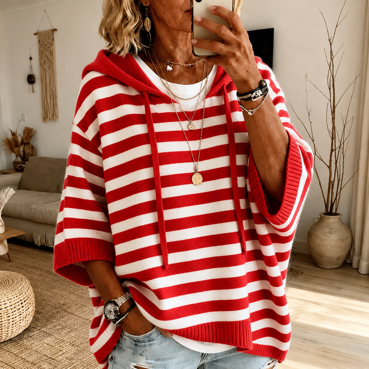 Atenea-Poncho de Rayas Rojo