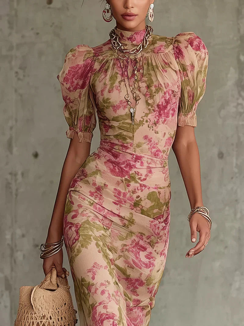 Celeste Vestido Maxi con Estampado Floral Vintage Rosa y Mangas Abullonadas
