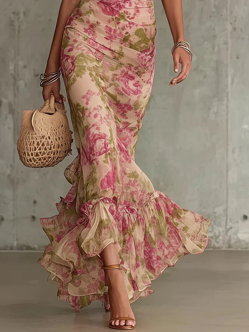 Celeste Vestido Maxi con Estampado Floral Vintage Rosa y Mangas Abullonadas