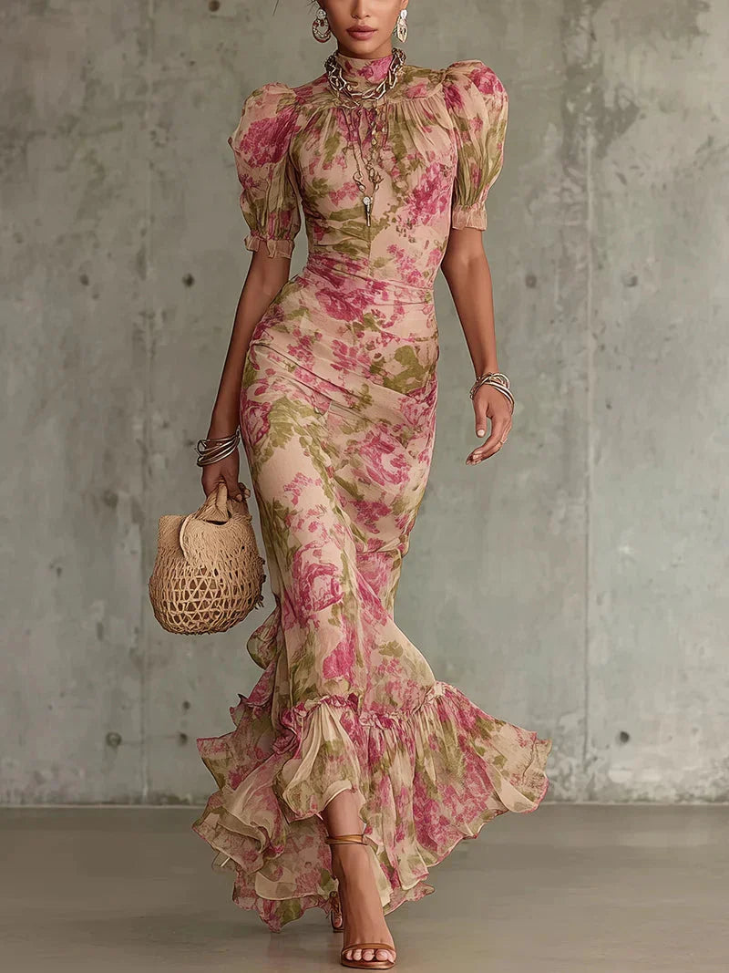 Celeste Vestido Maxi con Estampado Floral Vintage Rosa y Mangas Abullonadas
