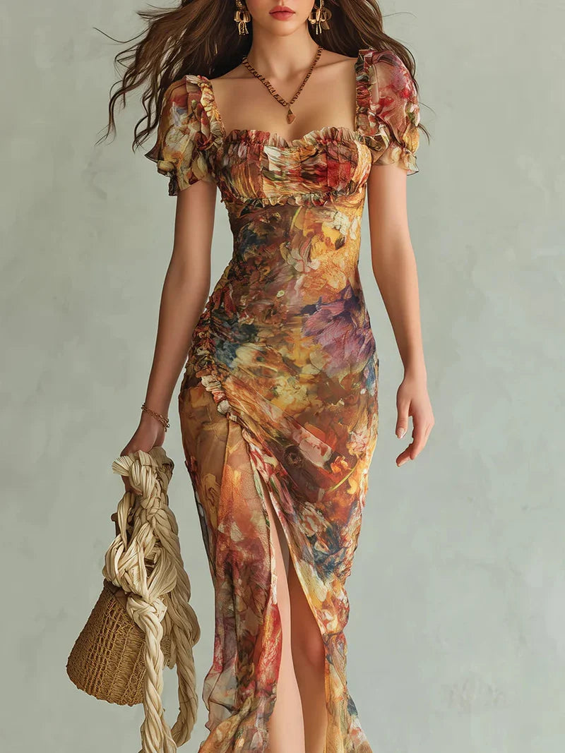 Celeste Vestido Maxi de Chiffon con Estampado Bohemio de Inspiración Óleo en Tonos Naranja