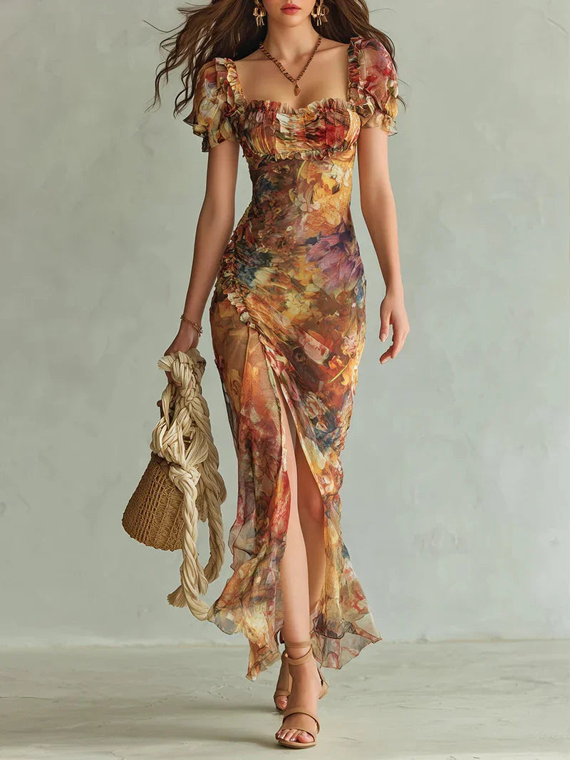 Celeste Vestido Maxi de Chiffon con Estampado Bohemio de Inspiración Óleo en Tonos Naranja