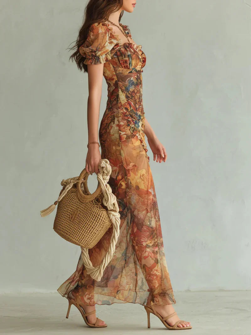 Celeste Vestido Maxi de Chiffon con Estampado Bohemio de Inspiración Óleo en Tonos Naranja