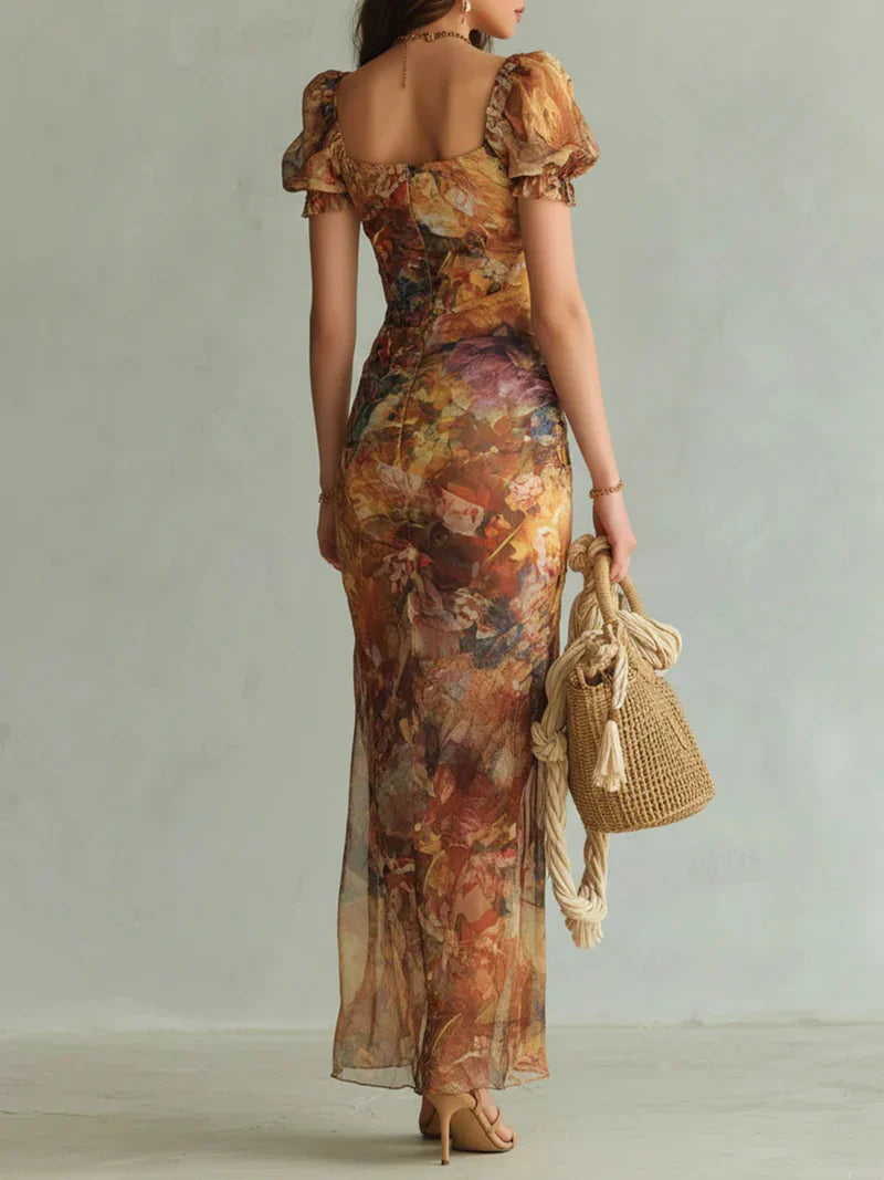 Celeste Vestido Maxi de Chiffon con Estampado Bohemio de Inspiración Óleo en Tonos Naranja