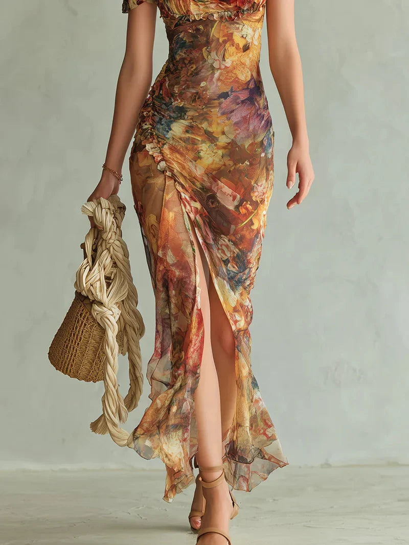 Celeste Vestido Maxi de Chiffon con Estampado Bohemio de Inspiración Óleo en Tonos Naranja