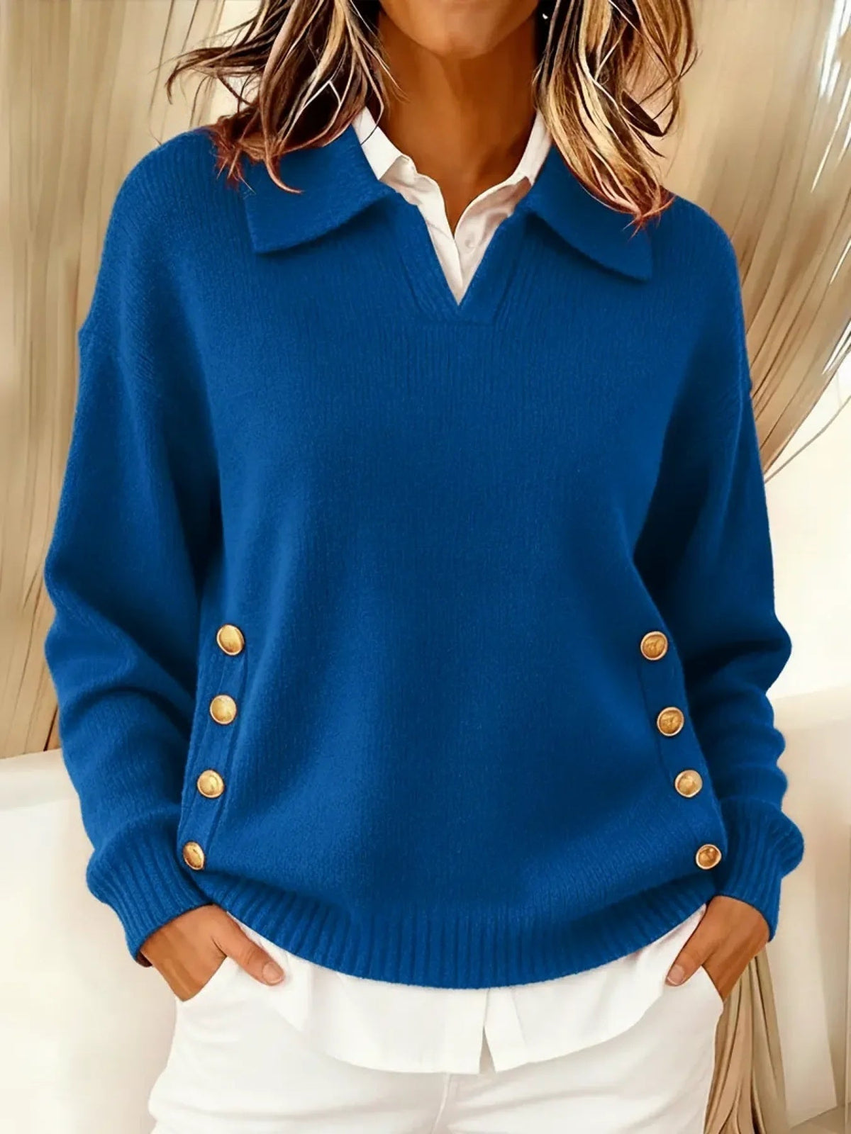Celeste Jersey con Cuello Polo y Botones