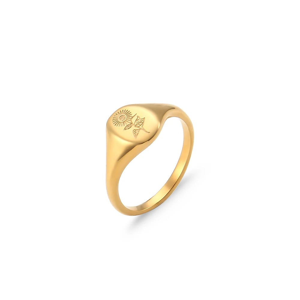 Atenea-Anillo Dorado de Acero Inoxidable con Flores Silvestres Grabadas