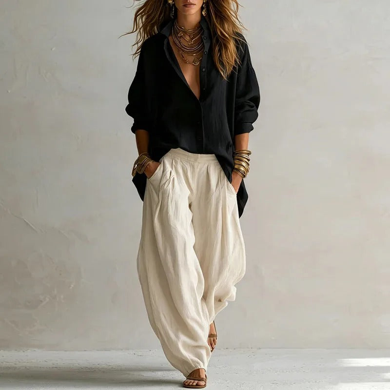 Clementina Conjunto Fluido de Camisa y Pantalón Ancho