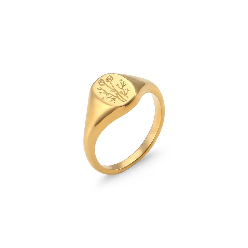 Atenea-Anillo Dorado de Acero Inoxidable con Flores Silvestres Grabadas