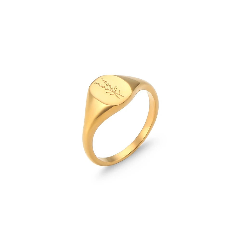 Atenea-Anillo Dorado de Acero Inoxidable con Flores Silvestres Grabadas